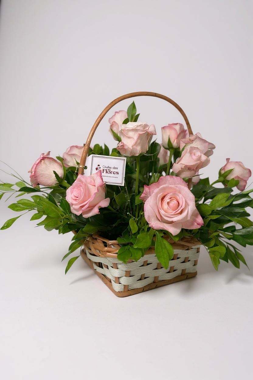 Cesta de Rosas Cor de Rosa